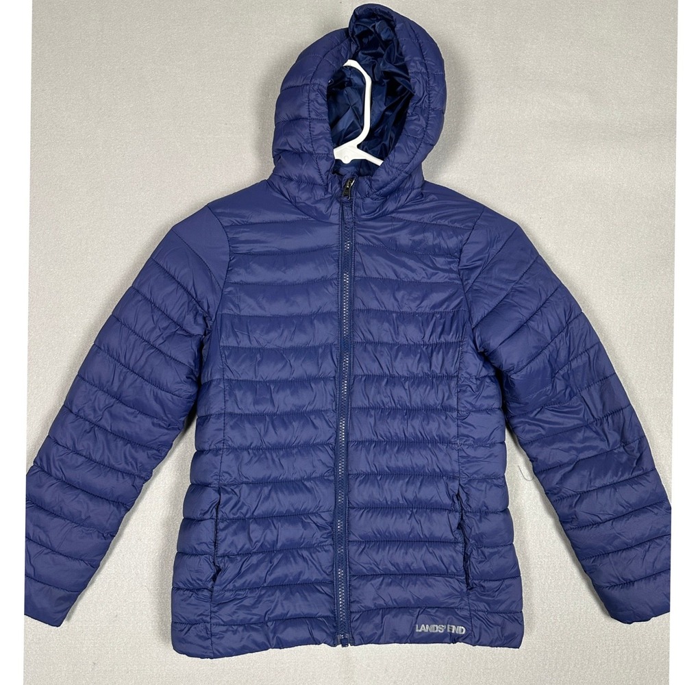 Lands End Puffer Jacket Kids Boys Medium 8 Blue Hooded Quilted Insulated EUC